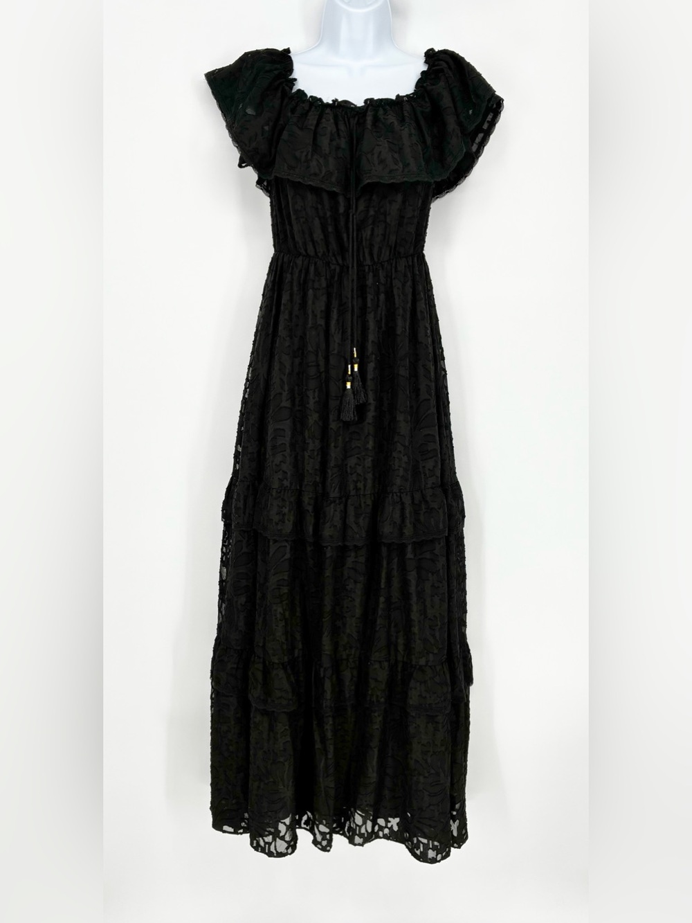 Catherine Malandrino Electric Garden Black Lace Off Shoulder Tiered Maxi Dress S
